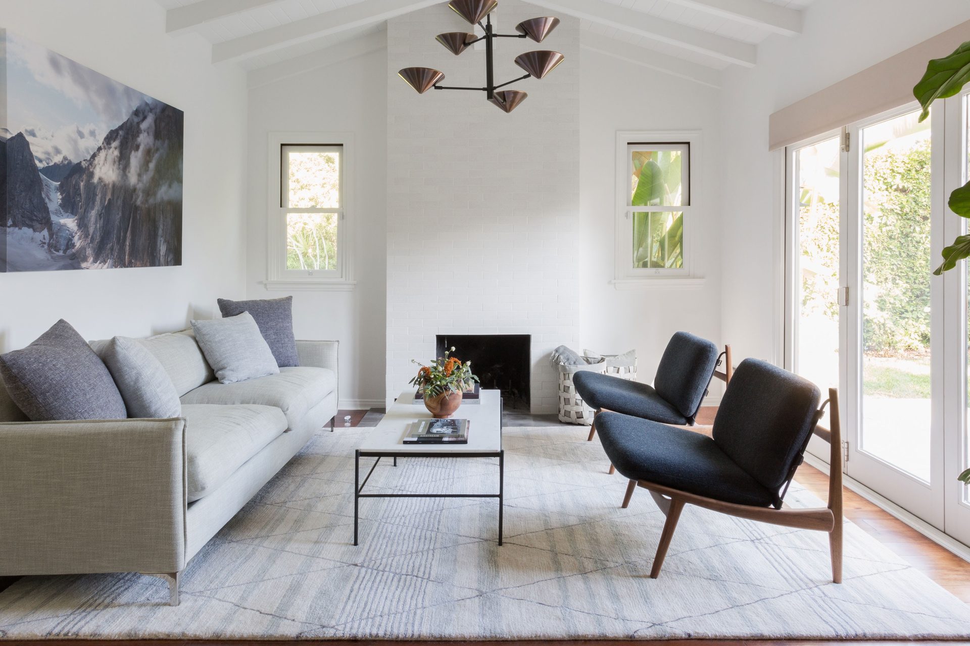 Interior of an energy-efficient timber frame house — large windows, natural wood
